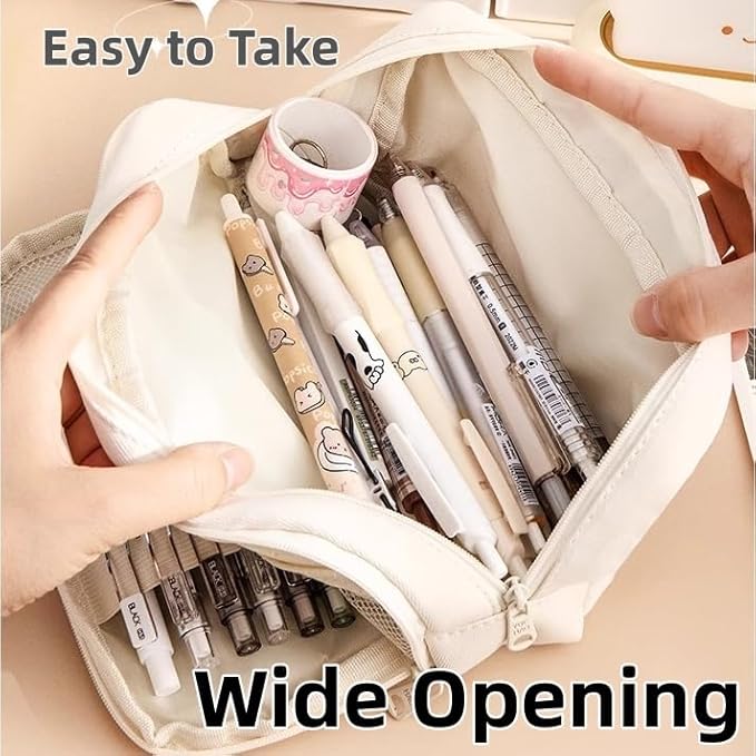 Simple Style Cotton Rope Pencil Holder - Large Capacity Multi-layered Pencil Case Organizer, Aesthetic Minimalist Fabric Pen Pouch with Zipper, Durable Eco-Friendly Pen Pouch Bag (Beige)