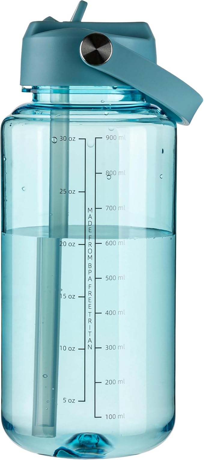 OLDLEY 32 oz Clear Water Bottle with Straw,Tritan BPA-Free, Wide Mouth, Leak Proof - for Gym, Travel, Home, School, Office (Surfer)