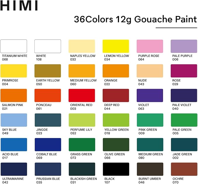 HIMI Twin Cup Jelly Gouache Paint Set with 3 Paint Brushes, 36 Colors 12g, Jelly Cup Design, Non Toxic Paint for Canvas and Paper, Art Supplies for Professionals (Purple Case)
