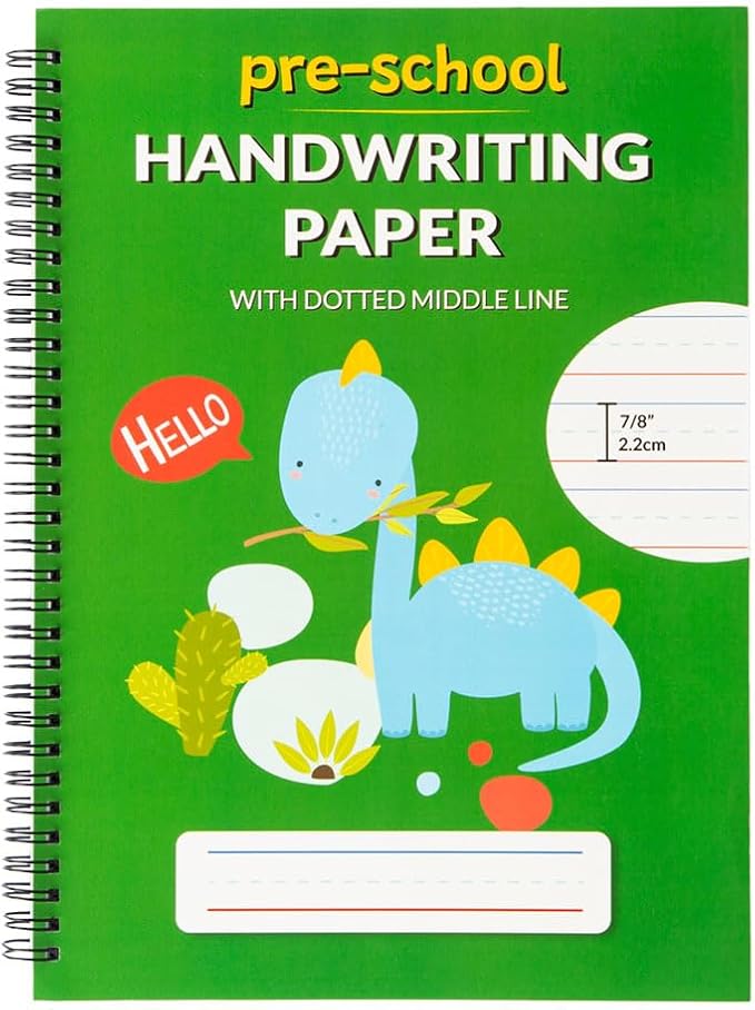 A4 Lined Handwriting Practice Notebook for Kids – Dotted Midline, Spiral Bind, Pre-K, Kindergarten, 100 Thick Pages (2, Green Dino)