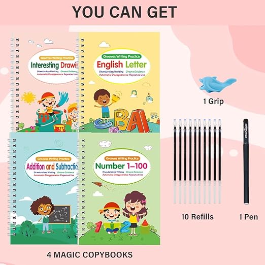 4 Pcs Reusable Grooved Handwriting Practice Books, Magic Practice Copybook with Disappearing Ink Pens Pencil Grips, Handwriting Workbook Letter Tracing Books for Kindergarten Preschool Kids Age 3-8