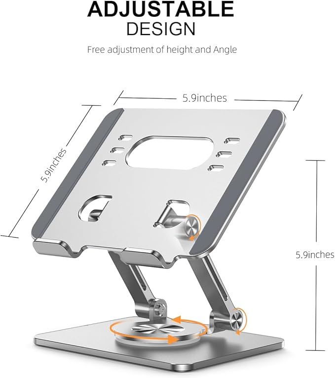 Orlian Tablet Stand Holder with Thickened 360°Rotating Base Dual Rod Adjustable Aluminum Stand for All 5.8-12.9” iPad Samsung Phone Tablet Kindle E-Reader and More, Silver