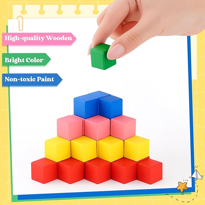 Deekin 100 Pcs Wooden Cube Blocks Bulk 5 Color Geometric Solid Mini 3D Shape 0.7 Inch Math Teaching Building Stacking Block for Classroom Learning Block Creative Play DIY Craft
