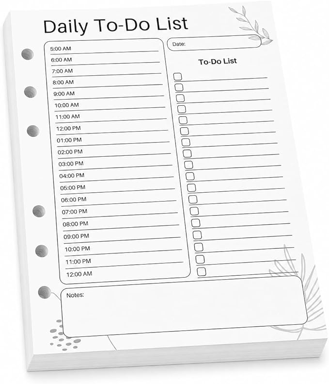 A5 Daily To Do List Planner Inserts, 6-Ring Undated Planner Refill Pages with Hourly Schedule, Checklist & Notes, 100 Double-Sided Sheets, 100gsm White Paper, 5.8 x 8.3 in