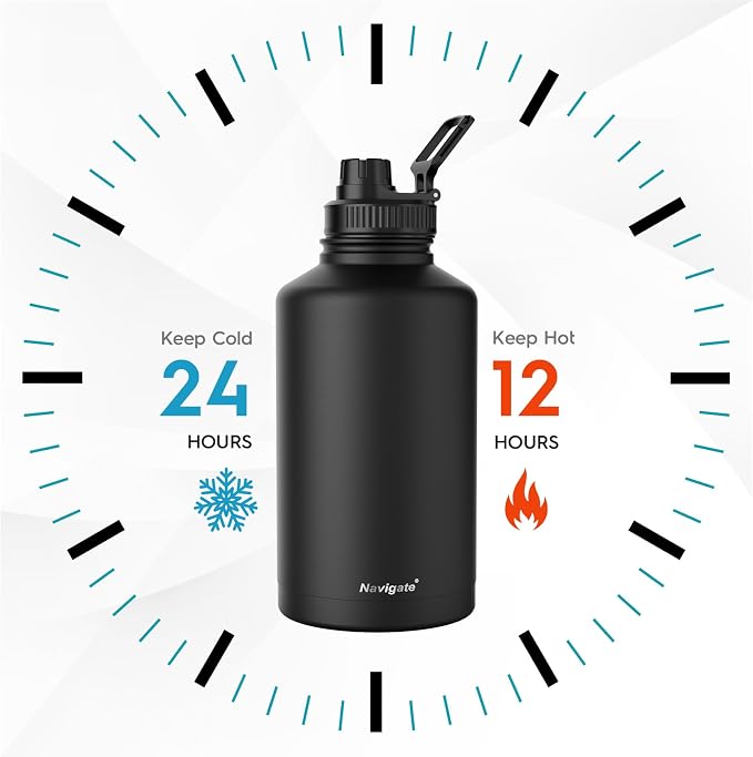 Navigate 64oz Insulated Water Bottle for Sports, Keep Cold 24H | 2-in-1 Spout and Handle Lids, Double Leak-Proof, 18/8 Stainless Steel, BPA-Free, Wide Mouth for Gym and Hiking,Black