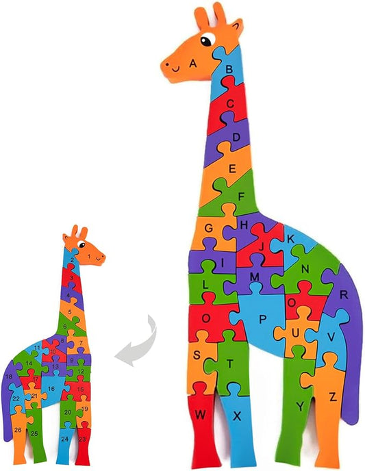 LovesTown Wooden Puzzles for Kids, Double Sided Giraffe Jigsaw with Alphabet & Numbers, Montessori Educational Toy for Toddlers, Chunky Animal Gift