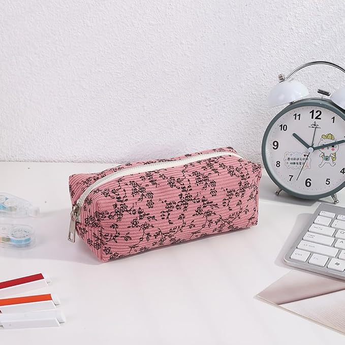 Corduroy Pencil Case for Girls Kids Large Capacity Aesthetic Pen Pouch Makeup Bag Cosmetic Organizer Cute Stationery Storage Bag for School Office Travel Minimalist Pencil Box (Floral-C)