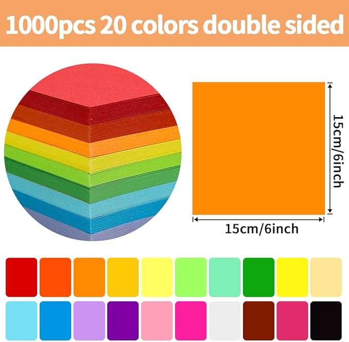 Praisebank Origami Paper (Multi-colored, 6 x 6 Inch /1000 Sheets), Origami Kit with Guide & Double Sided Color