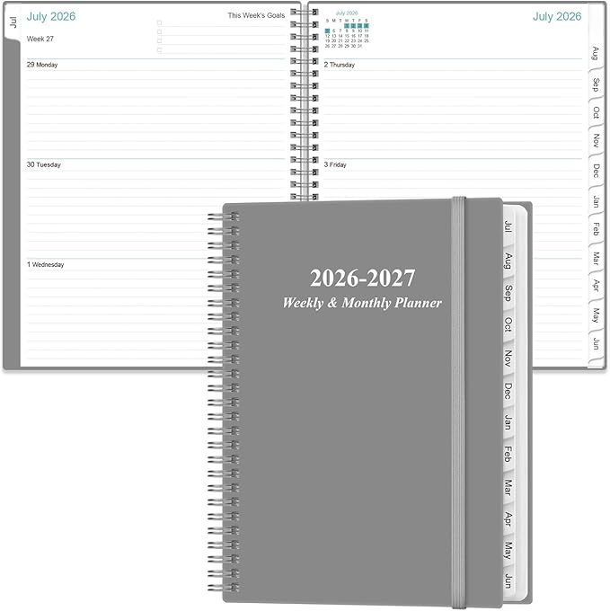 2026-2027 Planner - Planner 2026-2027 from July 2026 to June 2027 with 12 Monthly Tabs, Flexible Cover, Inner Pocket, 8.5" x 11", Grey-B