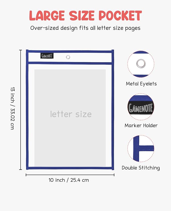 Gamenote Dry Erase Pockets 30 Pack with Rings - Oversized Reusable Plastic Sleeves Shop Ticket Holders Sheet Protectors Teacher Supplies for Classroom Organization (Blue)