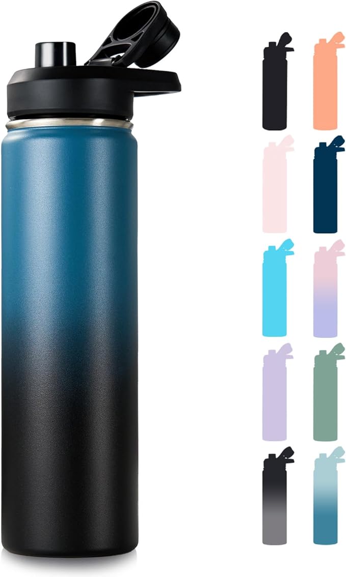 Fijinhom 24 oz Insulated Water Bottle with Handle, 304 Stainless Steel Water Bottles with Wide Mouth, Double Wall Vacuum Sports Water Bottle, BPA Free, Keep Cold and Hot, Blue&Black