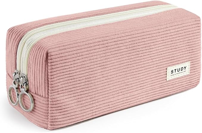 KALIDI Large Pencil Case Corduroy Pencil Pouch Box Cute School Supplies for Teen Girls Boys, Dusky Pink