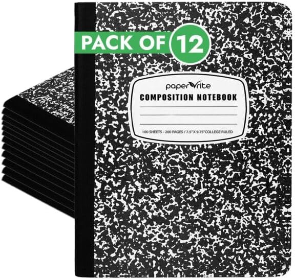 12 Pack Composition Notebook College Ruled Bulk, 200 Pages (100 Sheets), 9-3/4 x 7-1/2", Hard Cover College Ruled Notebook Bulk, Black Marble Composition Notebooks, Bulk School Notebooks
