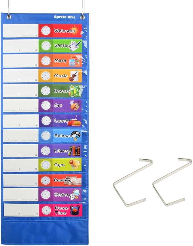 Daily Schedule Pocket Chart， Class Schedule with 26 Cards, 13+1 Pockets. 13 colored + 13 blank double-sided reusable Cards, Easy Over-door Mountings included. (13” x 36”)