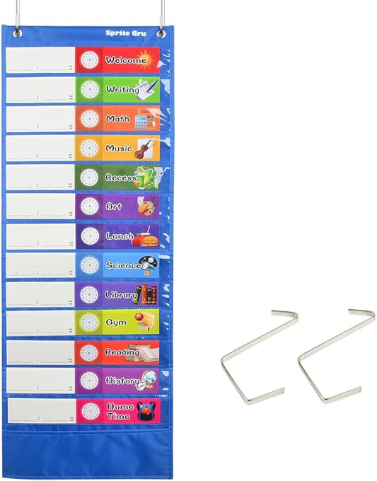 Daily Schedule Pocket Chart， Class Schedule with 26 Cards, 13+1 Pockets. 13 colored + 13 blank double-sided reusable Cards, Easy Over-door Mountings included. (13” x 36”)