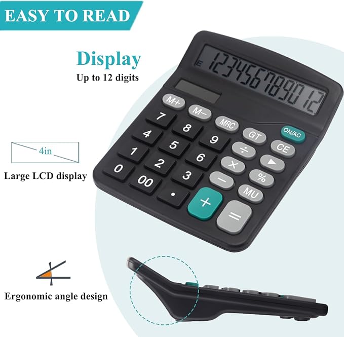 Desk Calculator, Basic Office Calculator with 12 Digits Large Display, Dual Solar Power and Battery, 4 Function Simple Calculation, Big Button for Office Home School(Black)