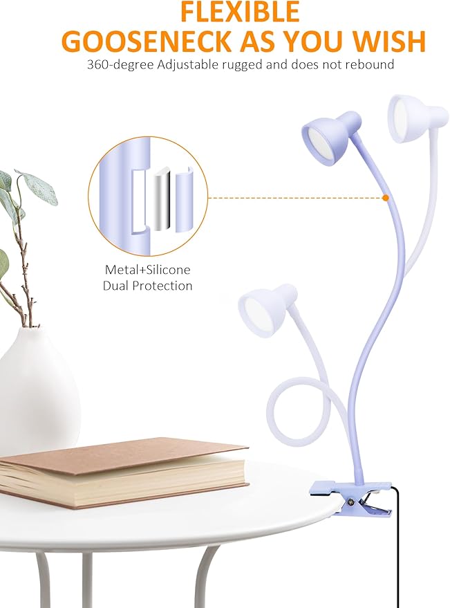 Clip on Lamp USB Reading Light, 3 Color Modes, 10 Brightness Dimmable, Flexible Gooseneck Desk Lamp with Clamp, Eye Care Clip on Light for Bed Headboard Desk Home Dorm Purple