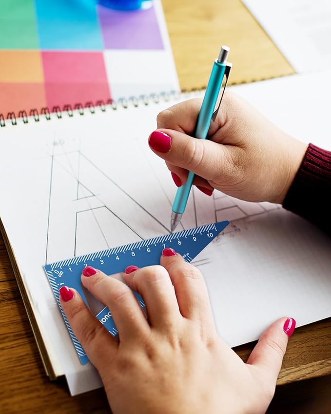 Honagu Triangular Ruler Set, 4 PC Metal Drafting Ruler, Geometric Protractor, Measuring Drawing Tool for Students, Teachers, Draftsmen, Engineers, Home School Office Supplies (15cm/5.9inches, Blue)