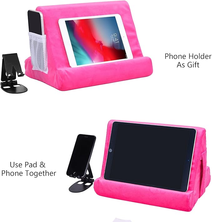2pcs Multi-Angle Tablet Holder Cushion Stand with Net Pocket & Black Color Phone Stands Upgraded Tablet Pad Support for Phone,Pad,Books (Pink)