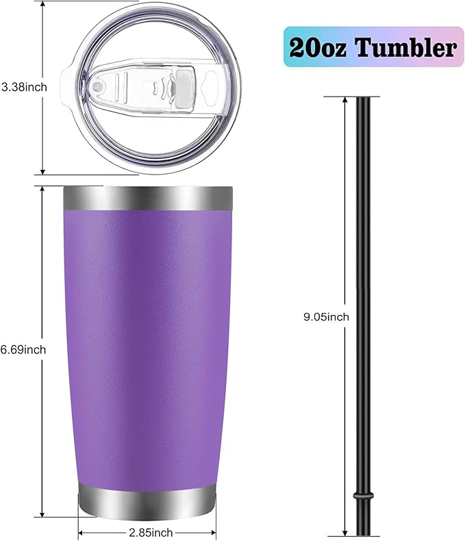 VEGOND 20oz Tumbler with Lid and Straw Stainless Steel Tumbler Cup Bulk Vacuum Insulated Double Wall Travel Coffee Mug Powder Coated Coffee Cup, Purple, 12 Pack