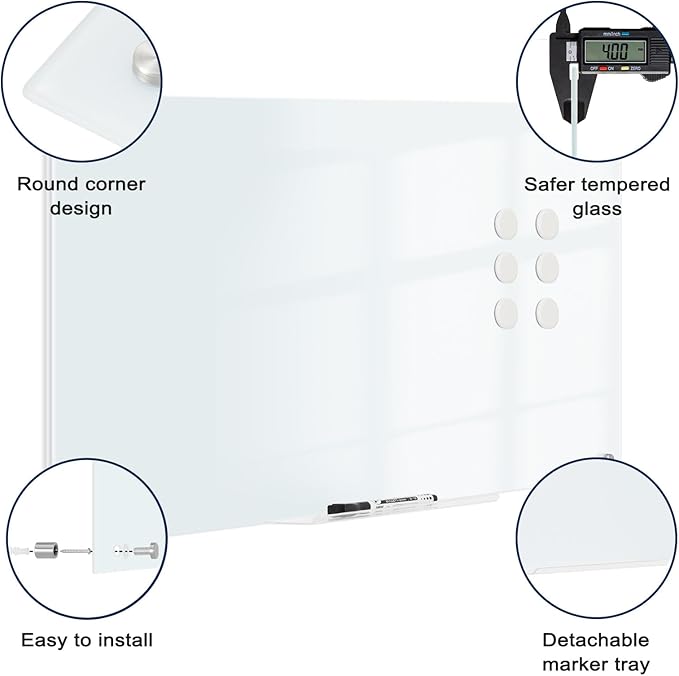 Magnetic Glass Whiteboard, 8' x 4' Glass Dry Erase Board for Wall, 96" x 48" Large Frameless White Board with 1 Marker Tray and 10 Magnets for Office, Home, Classroom - Normal White