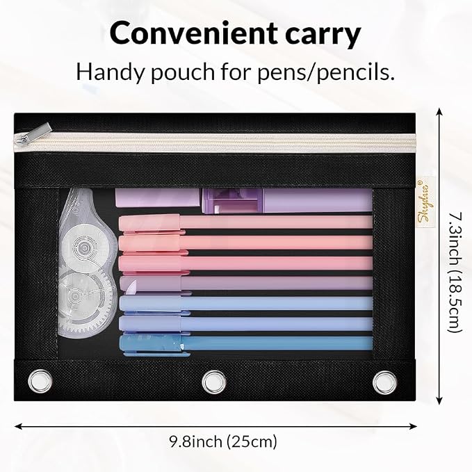SKYDUE Pencil Pouch for 3 Ring Binder, 9.8" x 7.3" Clear Window Pencil Bag | Zipper Pencil Pouches for Girls Boys, Black Pencil Pouch with 3 Reinforced Grommets, Durable Organizer for School Supplies