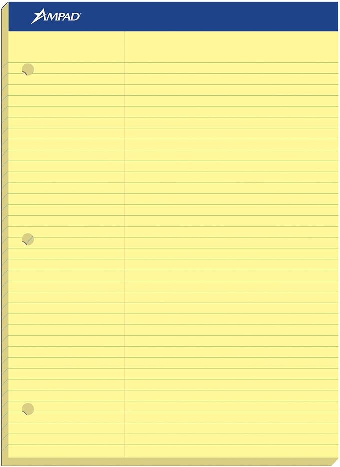 Ampad Double-Sheet Writing Pad, 8-1/2" x 11-3/4", Law Rule, Canary Paper, 3-Hole Punched, 100 Sheets (20-245)