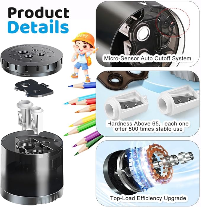 Heavy-Duty Electric Pencil Sharpener USB and Battery Power 4 Replacement Blades 4-Hole Adjustable for 6-12mm Art Pencils Large Capacity Automatic Pencil Sharpeners Black