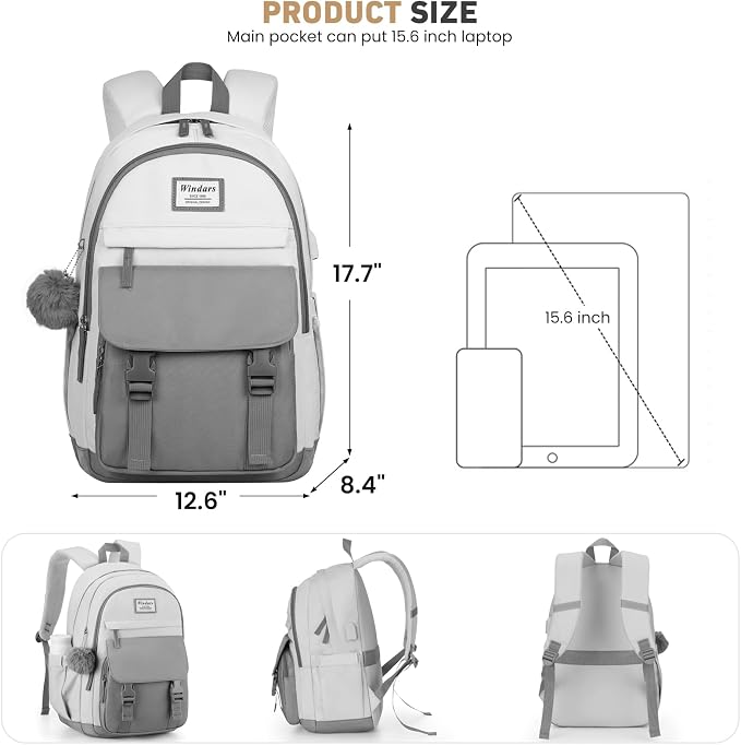 WINDARS School Backpack for Teen Girls, Cute College Backpacks for Women Students Aesthetic Bookbag Large 15.6 Inch Laptop Bag Middle School Travel Back Pack (Dark Grey & Light Grey)