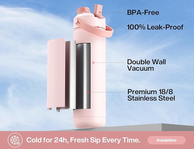 POWCAN 26 oz Insulated Water Bottle with 2-in-1 Straw and Spout Lid, Keep Cold 24H, Leak-Proof, Fits in Car Cup Holder, Stainless Steel Water Bottle for Sports, Trip, Gift, Gym (Sun-Kissed Flamingo)