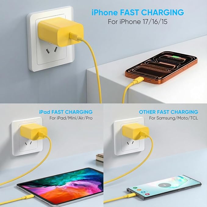 iPhone 17 16 15 Charger Fast Charging 6FT+10FT Cable, 20W USB C Charger, USBC Wall Charger for i Phone 17 Air 16 16e/16 Pro/16 Pro Max/15/15 Plus/15 Pro/15 Pro Max,i Phone iPad Pro/Mini (Yellow)