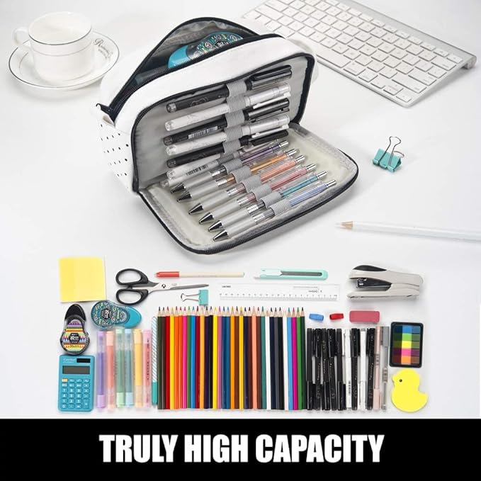 Sooez High Capacity Pencil Case,Durable Pencil Bag Pouch Organizer, Pen Case Portable Journaling Supplies with Easy Grip Handle & Loop, Asthetic Supply for Adults, Black & White