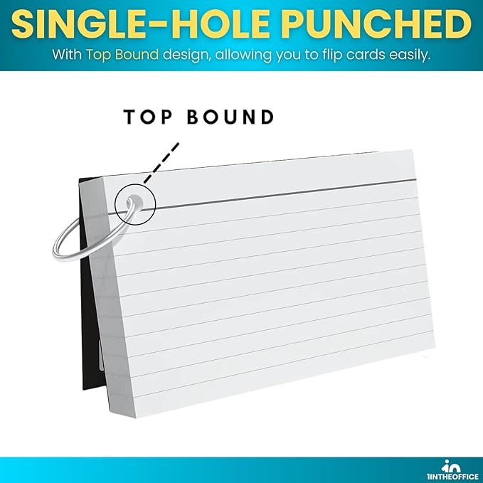 1InTheOffice Index Cards with Ring 3x5, Flash Cards with Binder Ring, Single Hole Punched Notecards, White, 100 Cards