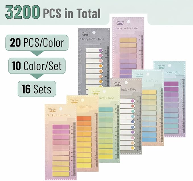 Mr. Pen- Colorful Sticky Tabs, 16 Sets, 3200 pcs, Translucent Page Markers, Water-Resistant Book Tabs for Annotating, Bible Study, Planning, Indexing & Document Organization, Pastel