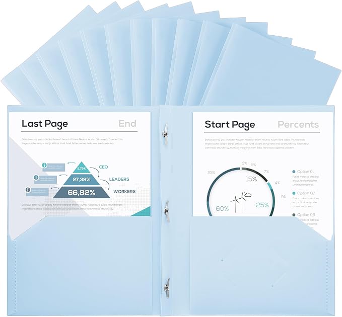 SUIN Plastic Project-Folder with 2 Pockets and 3-Prong Fasteners, for US Letter Size, Bulk Pack Color File-Folder for US Letter Size Papers, Ideal for School & Office, (Pastel Blue)