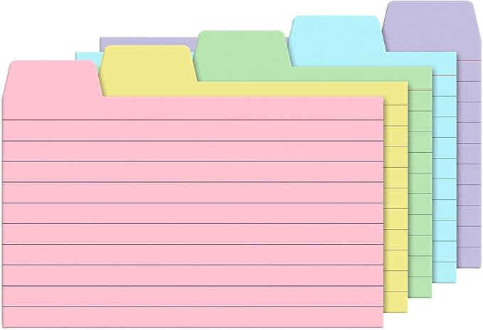 100 Pack Tabbed Index Cards 3x5 Lined Index Card Dividers with Tabs 3" x 5", Colored, 220 GSM Thick Paper