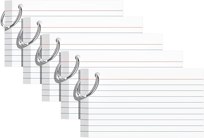 Index Cards 3x5 Inches, 250 PCS, White Flash Cards With Ring, Punched Lined Study Card Ruled Flashcards Notecards, Ruled Front And Blank Back, Note Card for School, College And Home