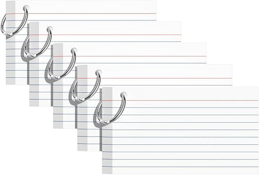 Index Cards 3x5 Inches, 250 PCS, White Flash Cards With Ring, Punched Lined Study Card Ruled Flashcards Notecards, Ruled Front And Blank Back, Note Card for School, College And Home