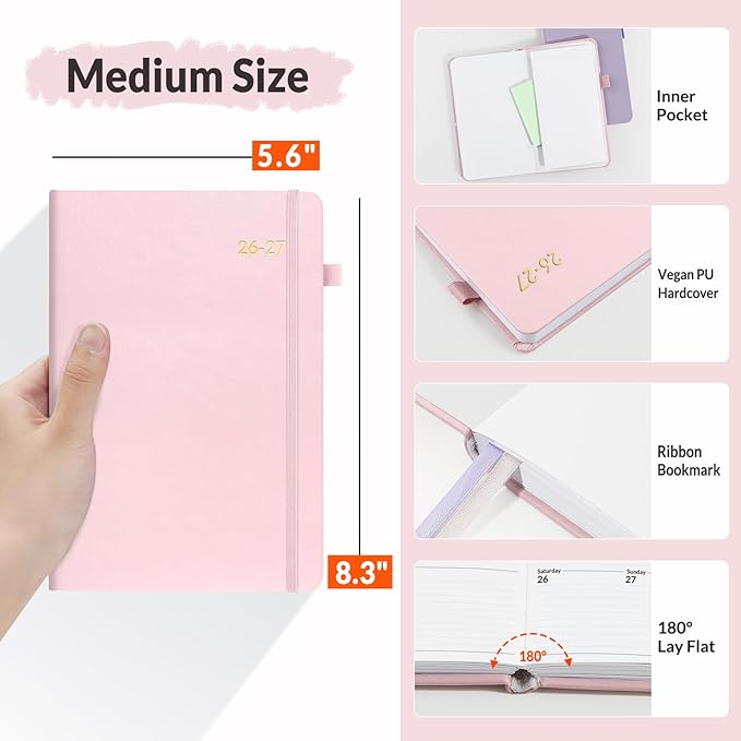 SUNEE 2026-2027 Weekly & Monthly Hardcover Planner 5.5" x 8.3" - 12 Month (July 2026 - June 2027), Small Academic Year Calendar Planner, Pocket, Notes, 100 GSM Paper, Pink