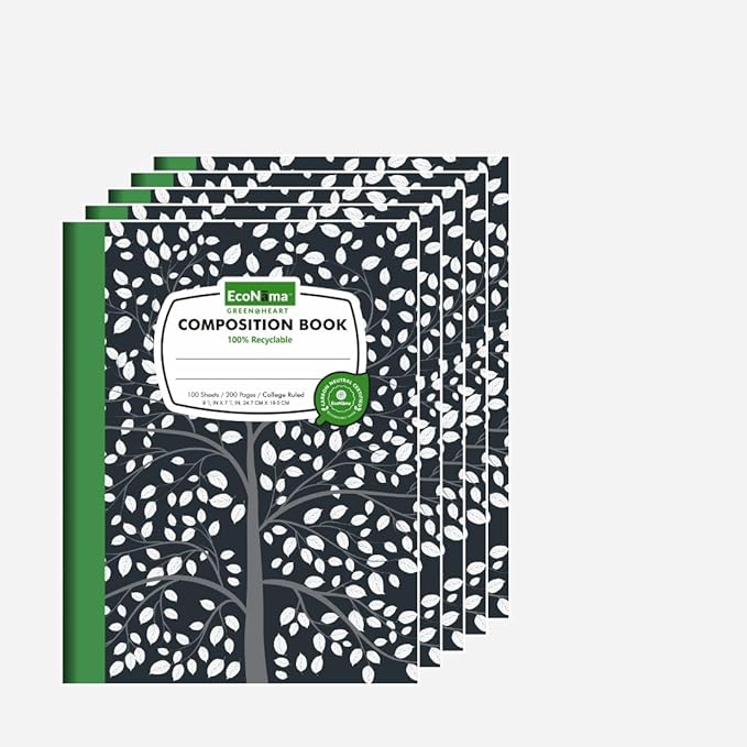 Composition Notebooks Pack of 5 College Ruled 200 Pages (100 Sheets) 9.75"x7.5" Black Marble Carbon Neutral Recyclable Paper Eco-Friendly School & Office Supplies For Students and Professionals