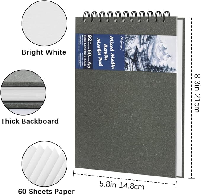 8.3" x 5.8" Hardcover Sketchbook,Top Spiral Bound Mixed Media Sketch Pad,60 Sheets 92lb/150 gsm Acid-Free Drawing Paper,Small Travel Artist Journal Notebook for Adults Beginners,Art Supplies.Dark Grey