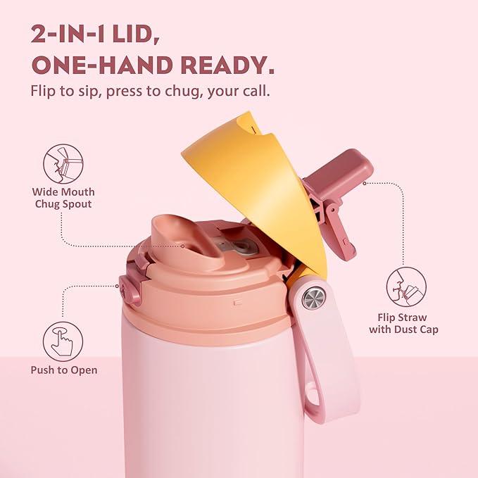 POWCAN 24 oz Insulated Water Bottle with Straw: 2-in-1 Push-Button Spout & Quick-Flip Straw, Leakproof, Cold 24Hrs, Fits Car Cup Holder, Stainless Sports Bottle for Gym, Travel Gift (Peach Store)