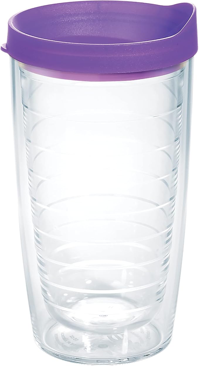 Tervis Clear & Colorful Lidded Made in USA Double Walled Insulated Tumbler Travel Cup Keeps Drinks Cold & Hot, 16oz, Purple Lid
