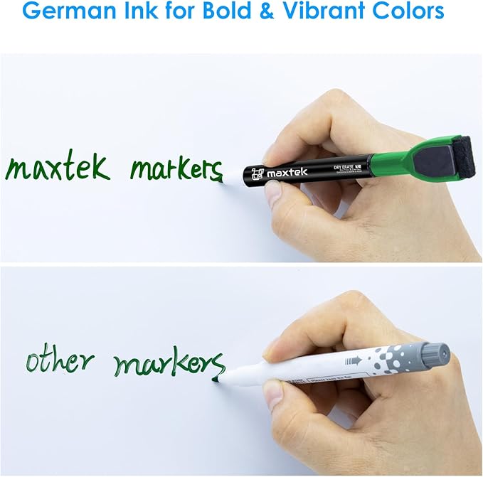 maxtek Magnetic Whiteboard Markers - 12 Count Green Fine Tip Dry Erase Markers with Eraser for Kids, Low Odor Thin Markers for Calendar Boards
