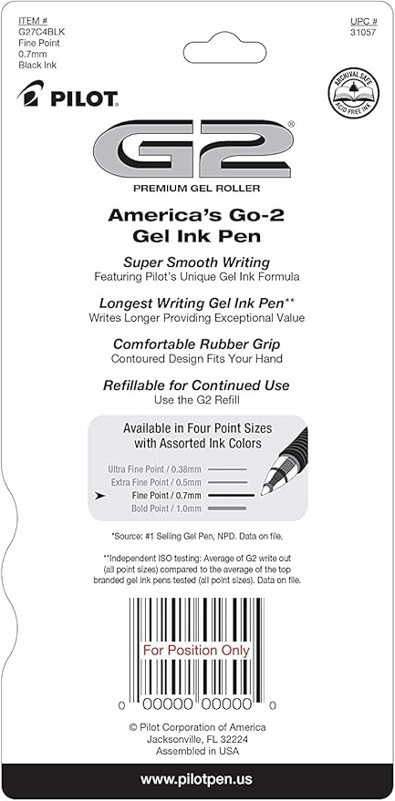 Pilot G2 Pens, Premium Refillable and Retractable Rolling Ball Gel Pens, Fine Point, 0.7mm, Black Ink, 4-Pack