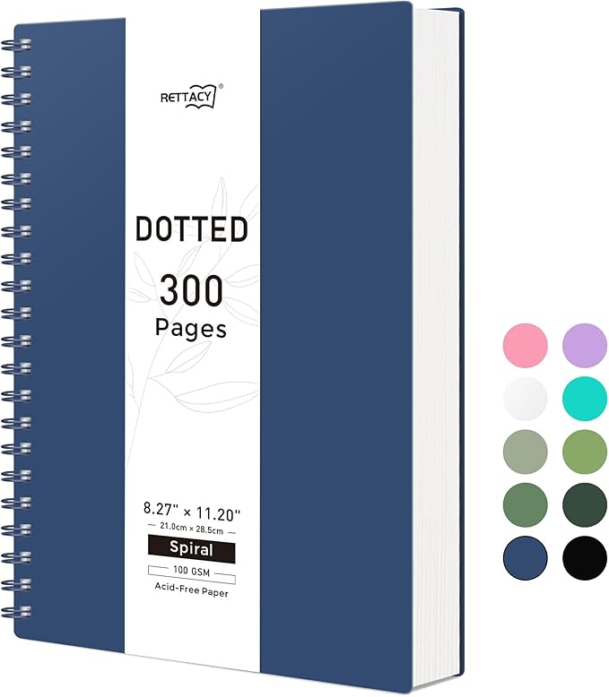 RETTACY Dotted Journal Notebook, 300 Pages, A4 Large Size (8.2'' × 11.2''), 100 GSM Thick Paper, Flexible Plastic Cover, Spiral-bound, for Journaling, Planning, Tracking (Navy Blue)