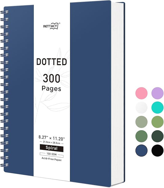 RETTACY Dotted Journal Notebook, 300 Pages, A4 Large Size (8.2'' × 11.2''), 100 GSM Thick Paper, Flexible Plastic Cover, Spiral-bound, for Journaling, Planning, Tracking (Navy Blue)