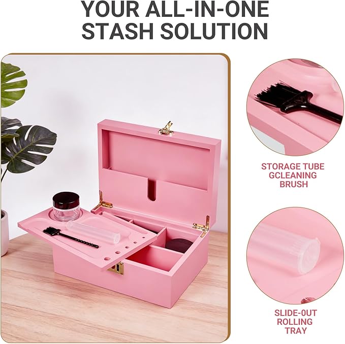 Bamboo Wood Desktop Organizer with 3 Glass Jars and Sliding Tray - Red Multi-Compartment Storage Case for Craft Supplies, Stationery, and Small Accessories (Pink)