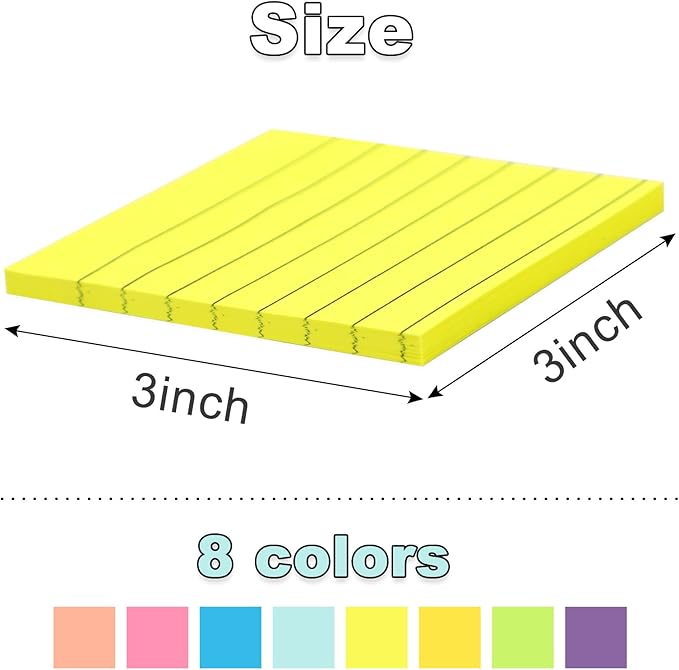 40 Pack Lined Sticky Notes 3x3 Inch, Ruled Stickies Super Sticking Power Memo Pads, 8 Bright Colorful Post It Notes for Office, Home, School, Meeting