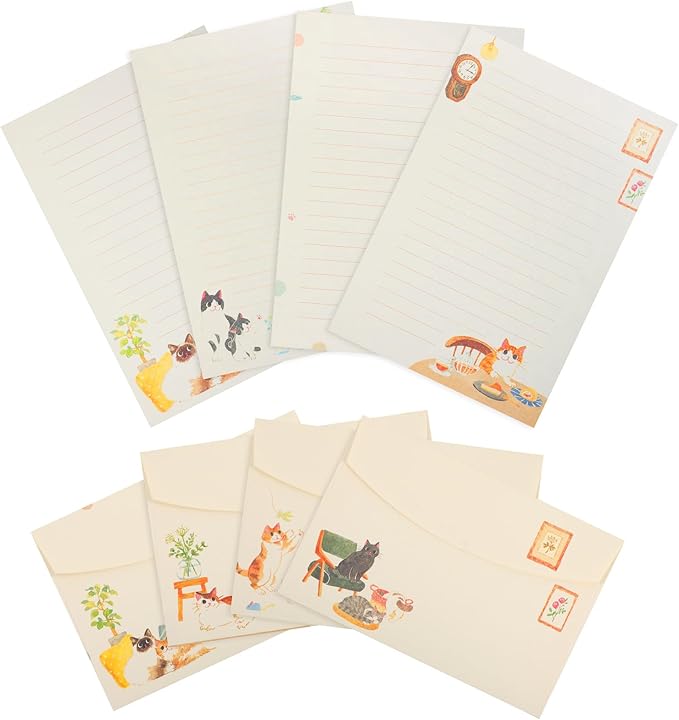 36 pcs Cat Stationery Paper and Envelopes Set, Warm Cute Cat Themed, Cute Letter Papers for Invitations Gift Decorations Holiday Party (24 Lined Stationery Paper with 12 Envelops)